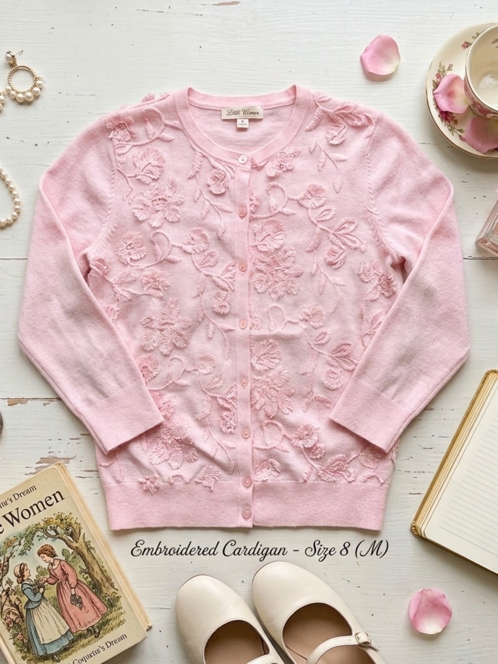 Soft Pink Embroidered Floral Cardigan Sweater Size M / 8 3D Textured